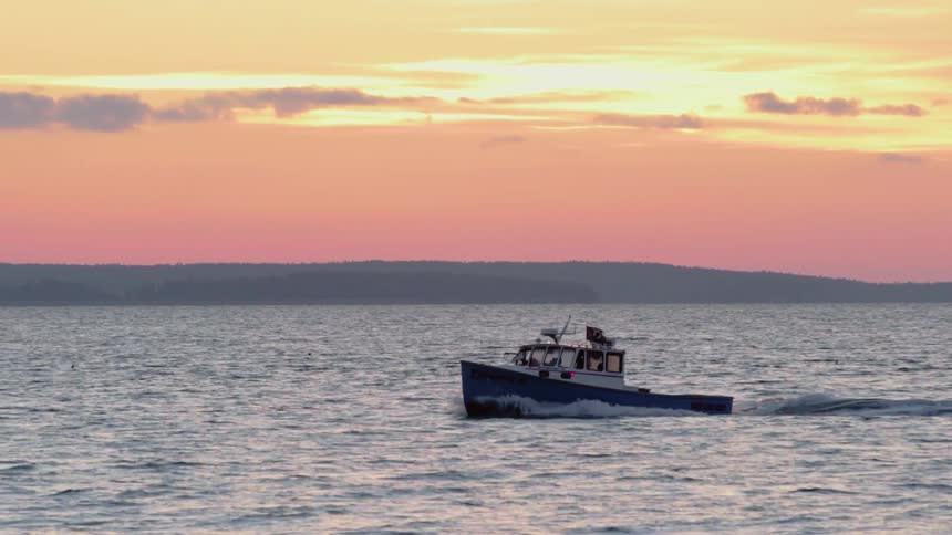 The boat moves steadily at dawn
