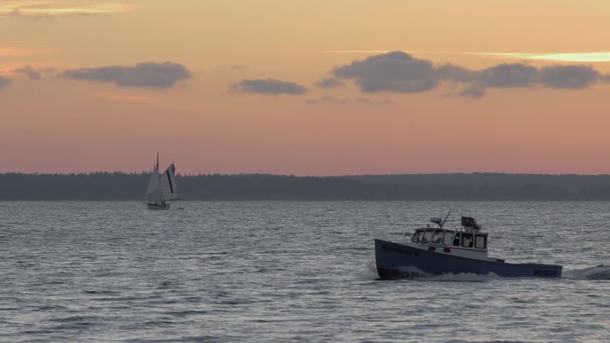 A boat floats on a body of water at sunset