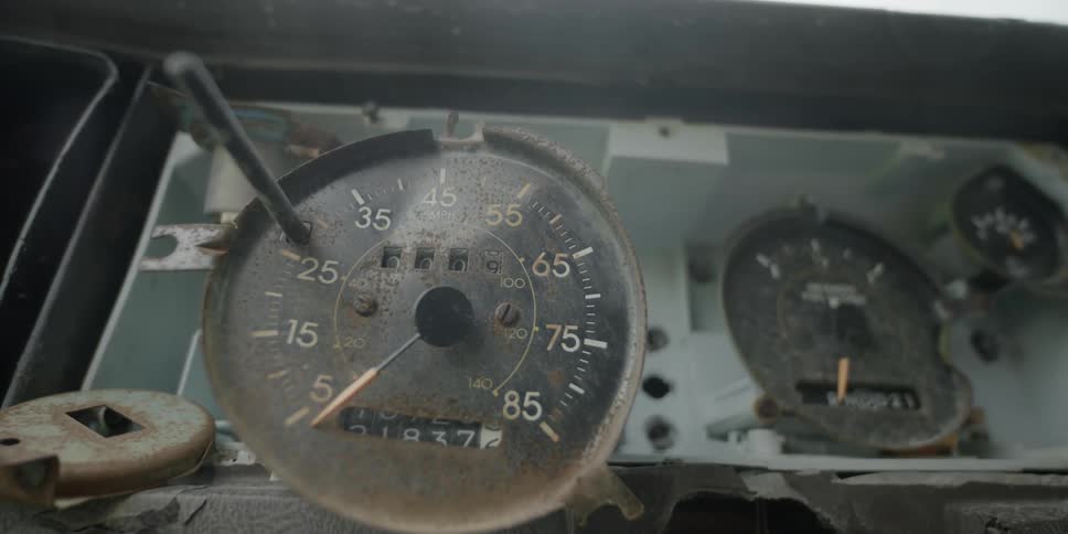 An old speedometer is covered with dirt and rust