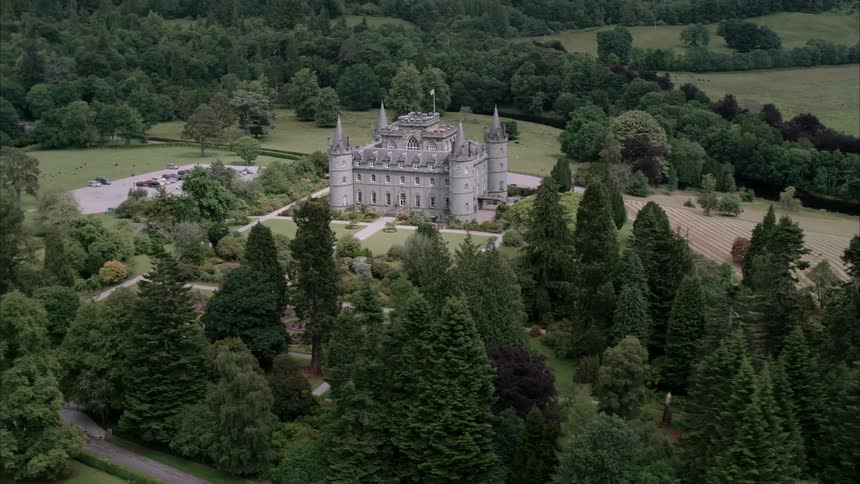 A large castle surrounded by trees