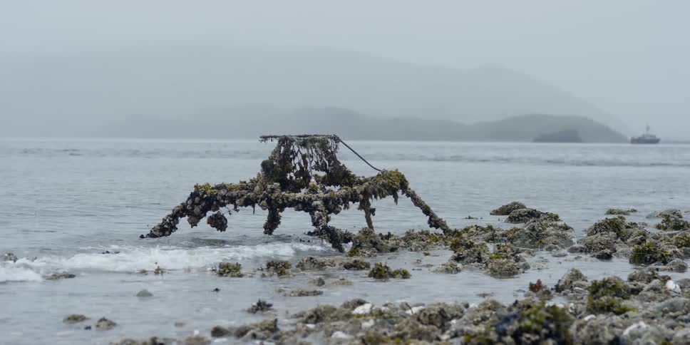 Waves wash ashore a rocky beach