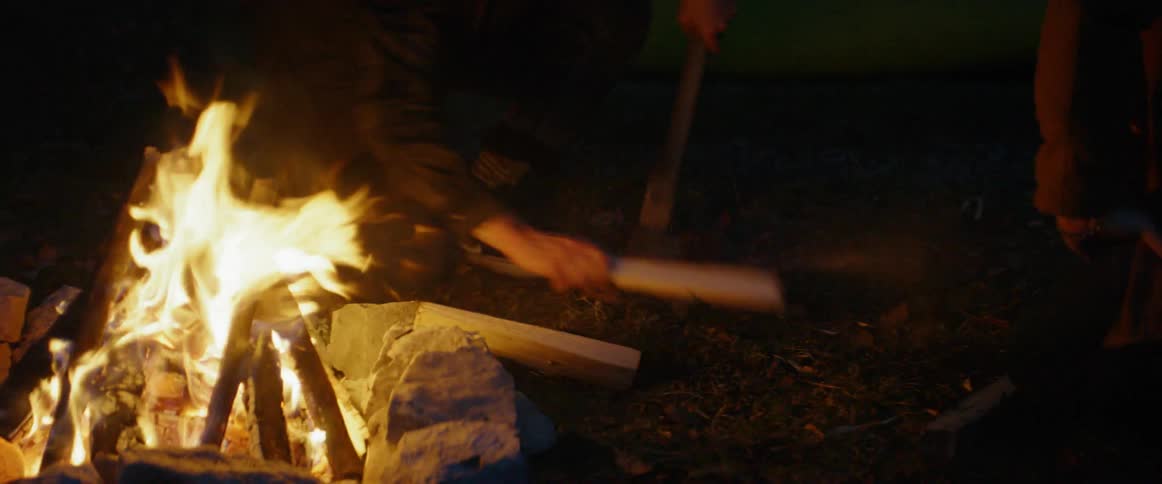 A person chops wood near a fire