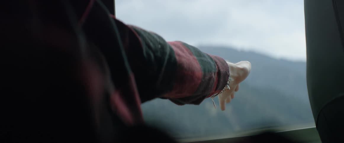 A person hangs their hand out of a car window