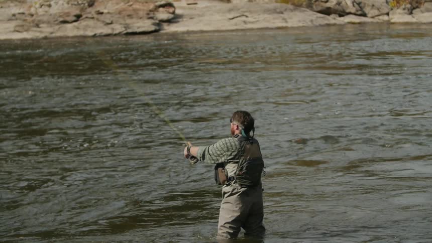 A man fishes in a river