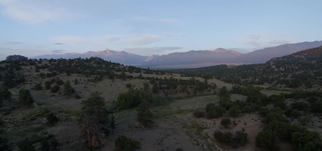 A desert valley with green trees is flown over
