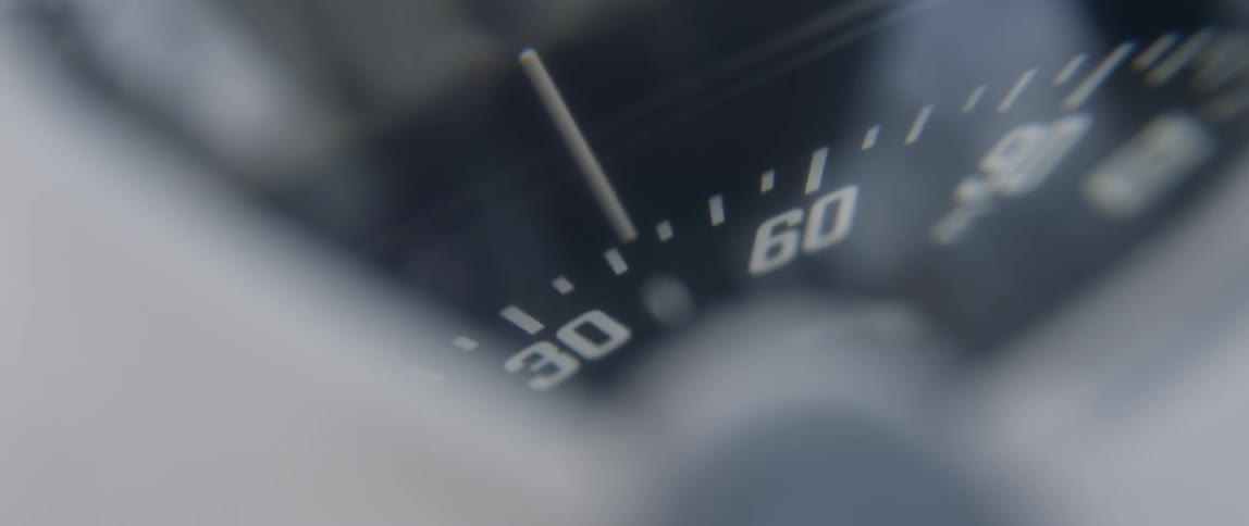 A speedometer registers about 45 mph