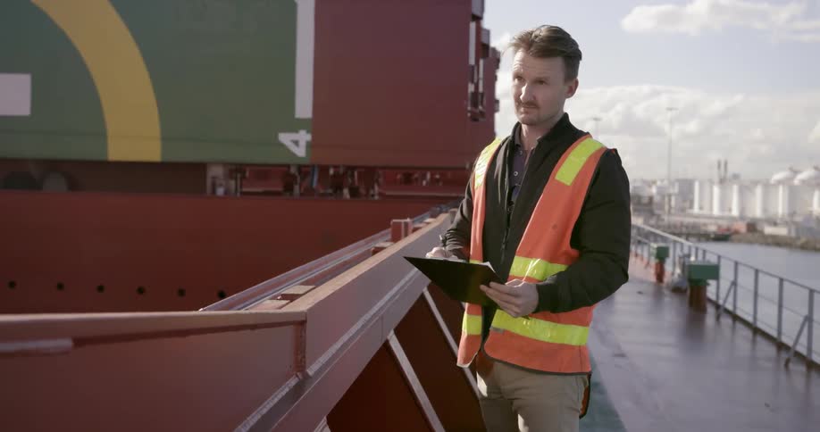 A man with a clipboard makes notes while checking a work site