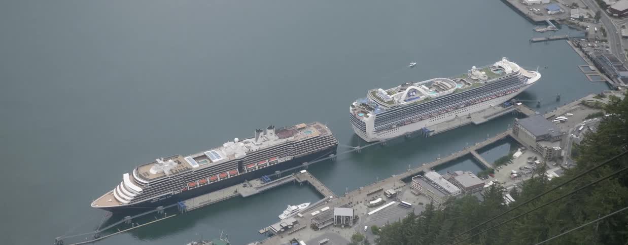 Two cruise ships are sitting anchored in port during the day