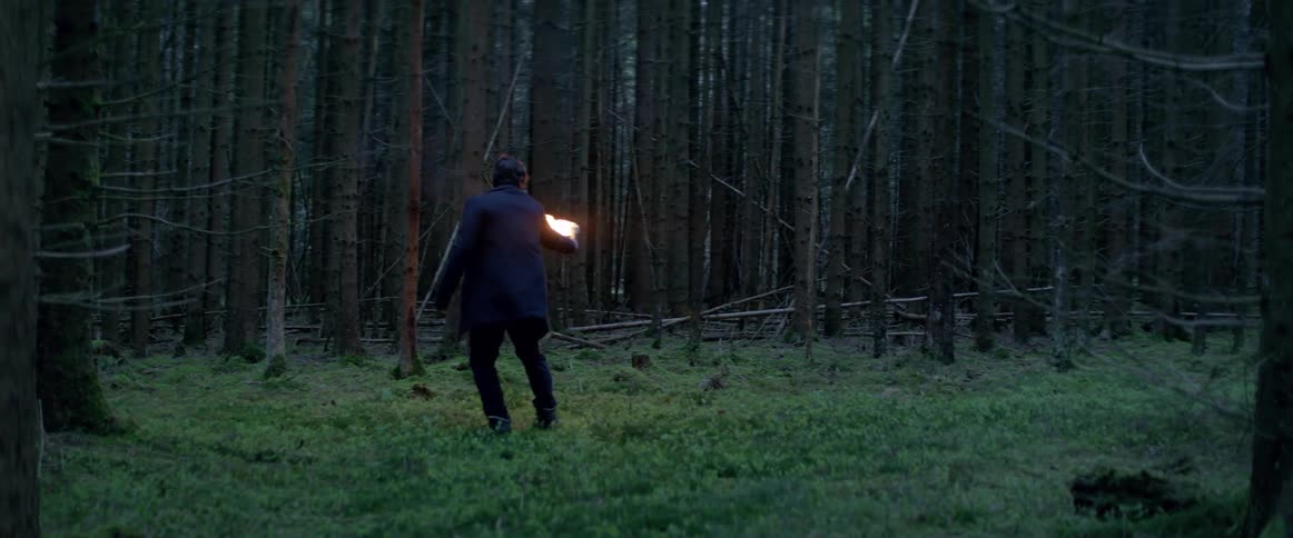 A man in a clearing in the forest is looking around himself with a lighted torch