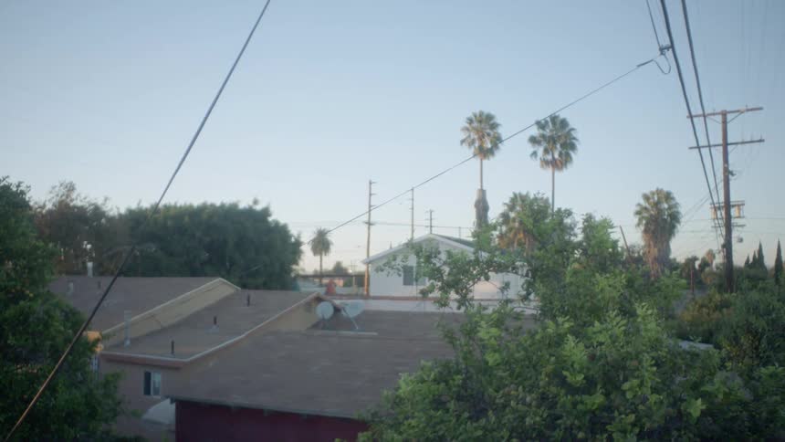 Rooftops and power lines in a suburban area