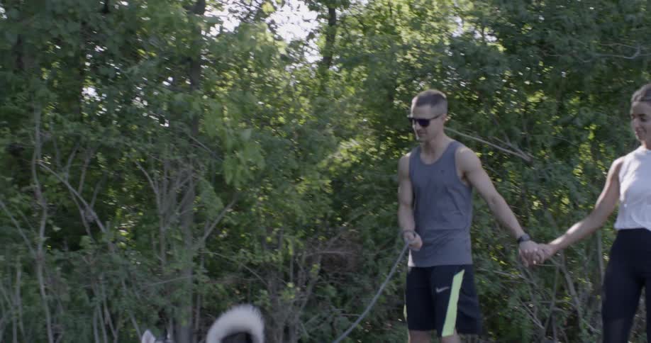 A man and woman lead their dog while rollerblading
