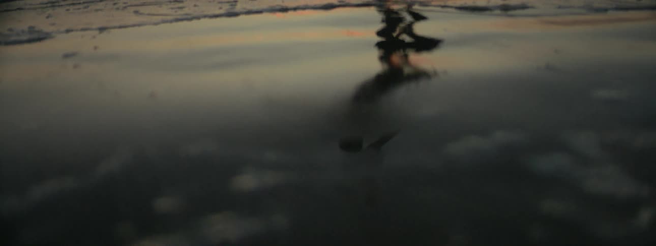 A man shadow boxes and kicks outside by the water