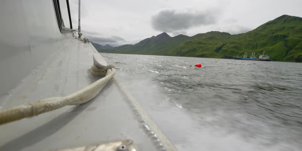 A boat drives through the ocean