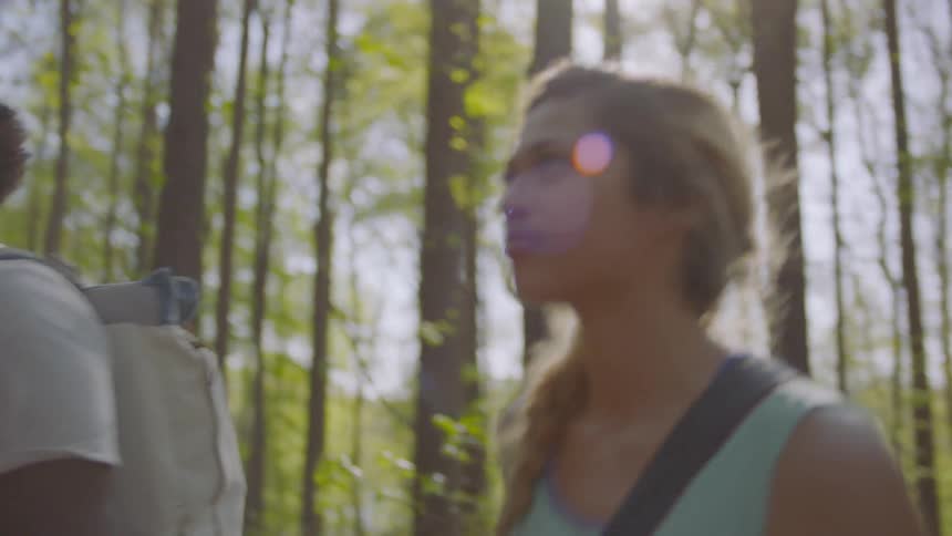 A couple is hiking through the forest together