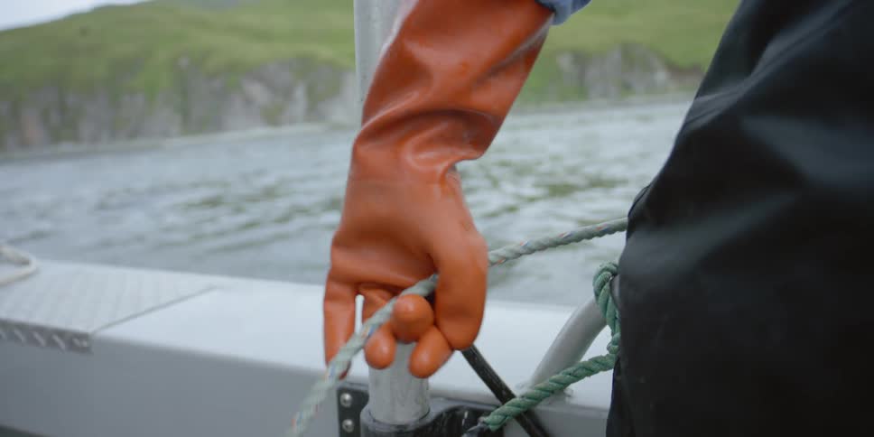 A person lowers a rope into the water