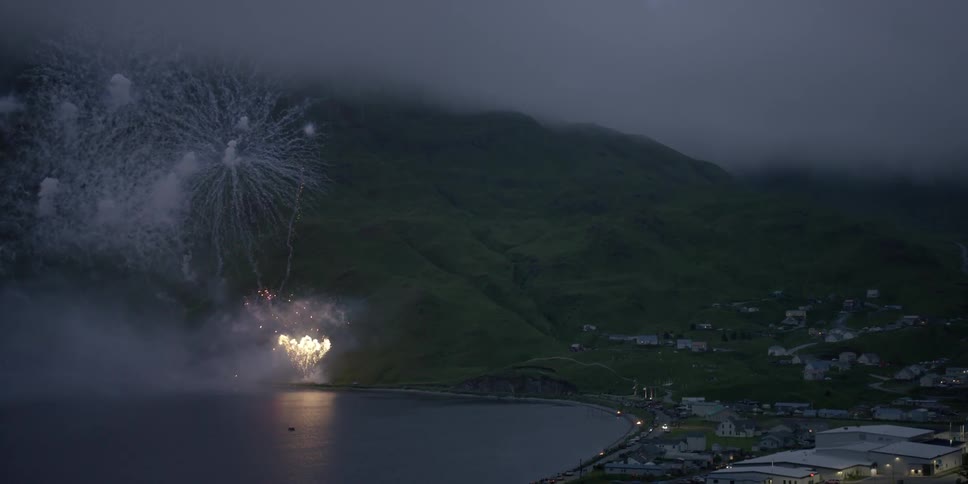 Fireworks explode in the sky by a coastal town