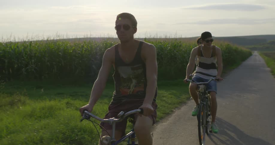 Three people ride their bikes along a paved path next to a corn field