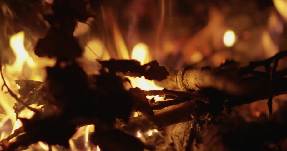 A campfire burns at night