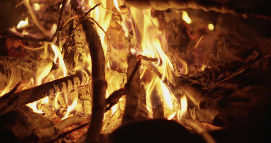 A campfire burns at night