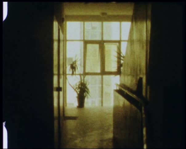 Light streams in through a panel window in a hallway during the day