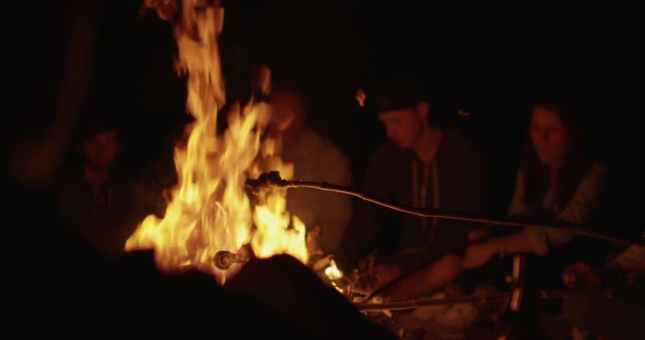 People roast meats on a campfire