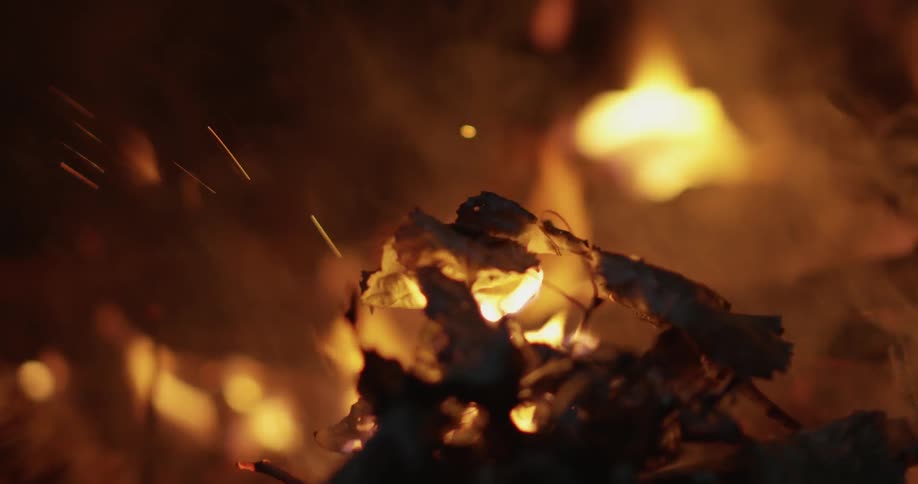 A stick is poking and shifting leaves and wood in a campfire at night