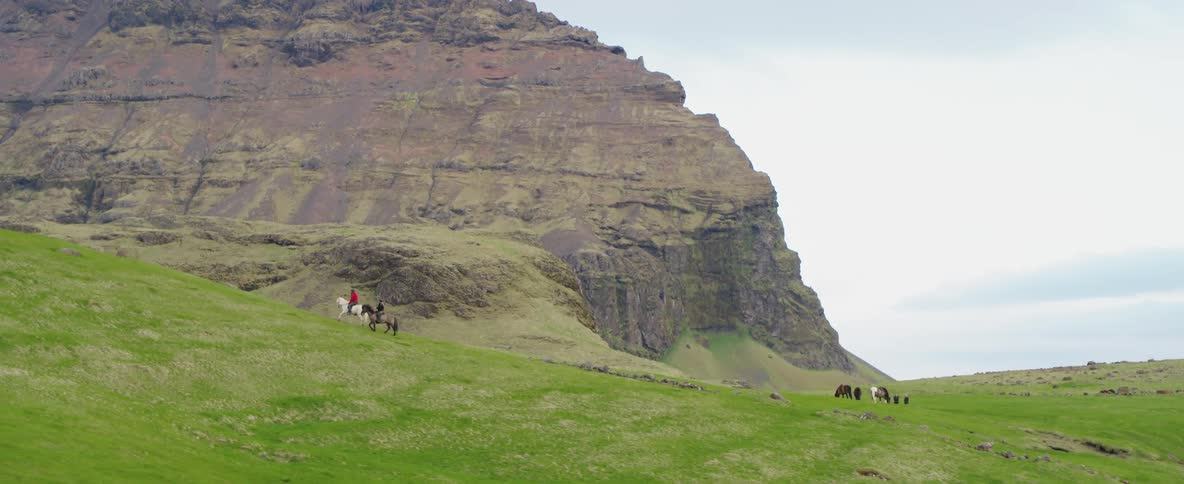 People ride horses up a tall hill