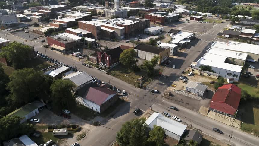 A small town is flown over