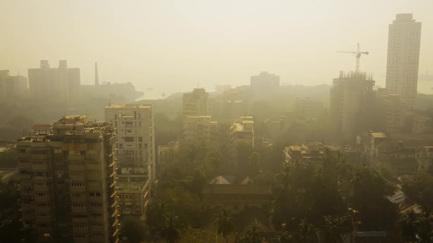 A smoggy city skyline, Mumbai India