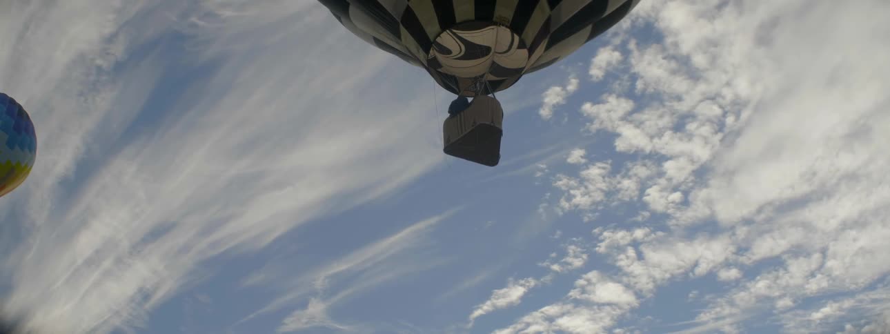 A hot air balloon rises into the sky