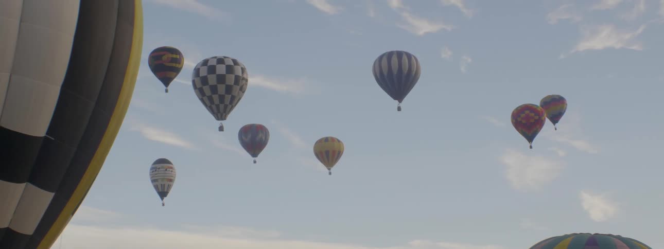 Hot air balloons are flying in the sky during the day