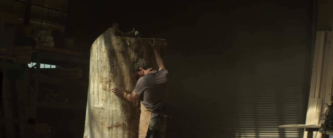 A man examines a large tree trunk in a workshop