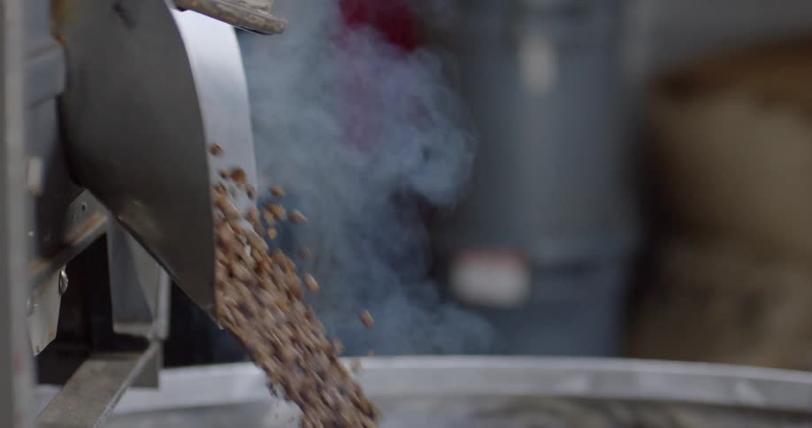 Steaming coffee beans drop into a vat
