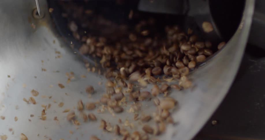 Coffee beans pouring from a grinder
