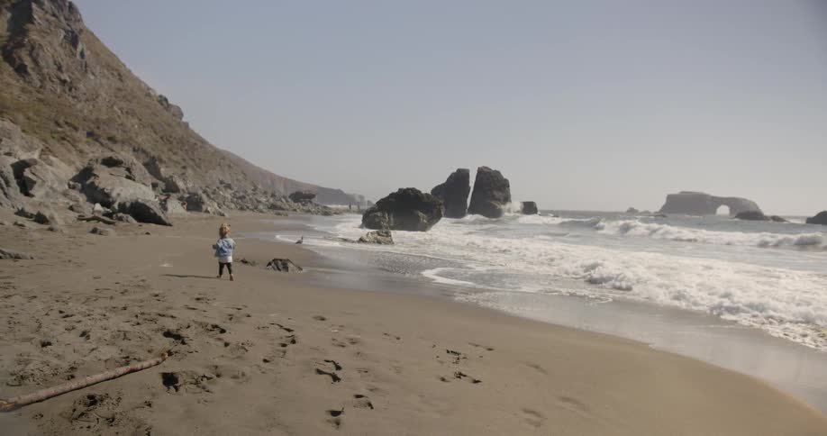 A small child is walking down the beach