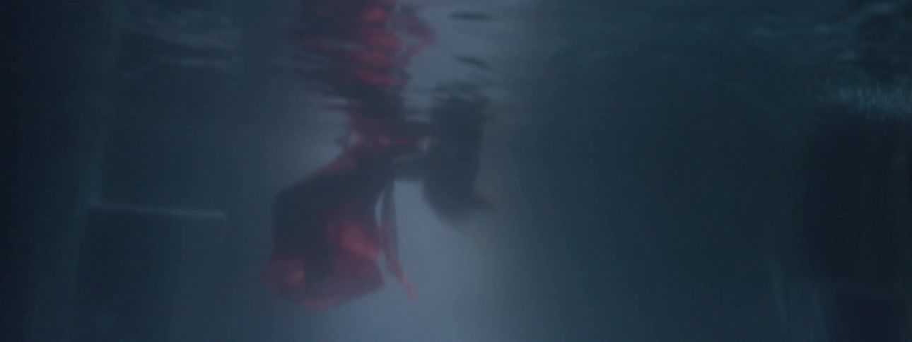 A woman in a red dress floats in water