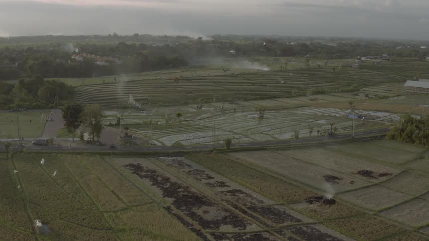 Rural fields are shown at sunset