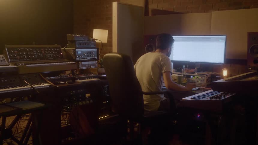 A man is sitting in front of a computer monitor in a studio