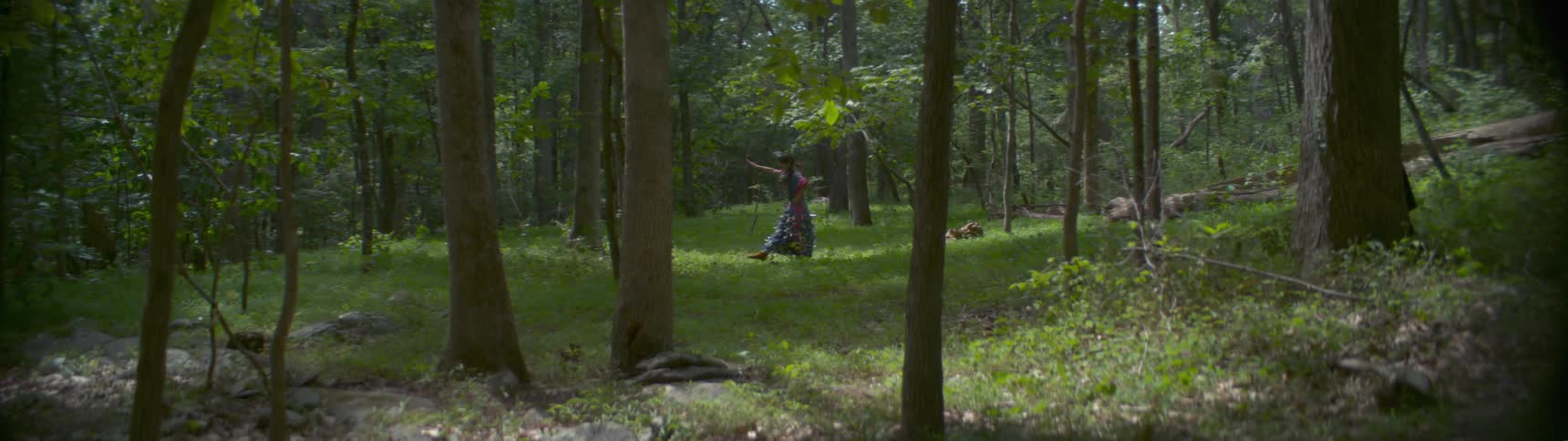 A woman dances slowly in the woods