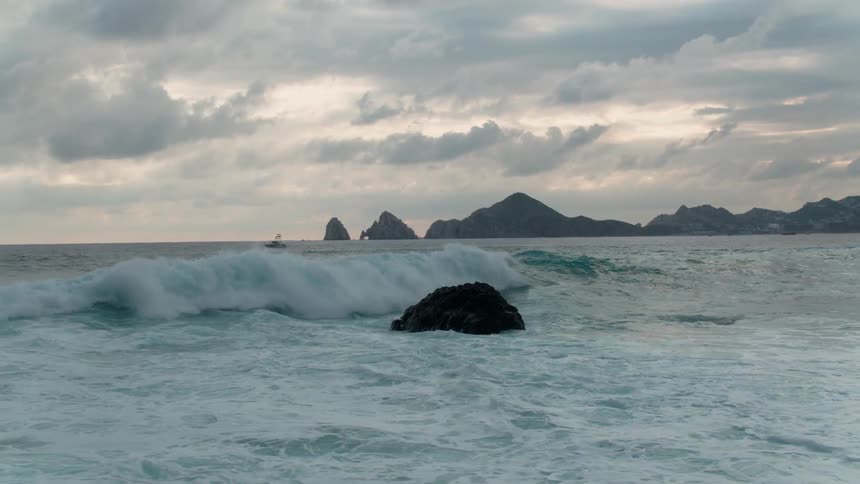 Waves roll onto a beach