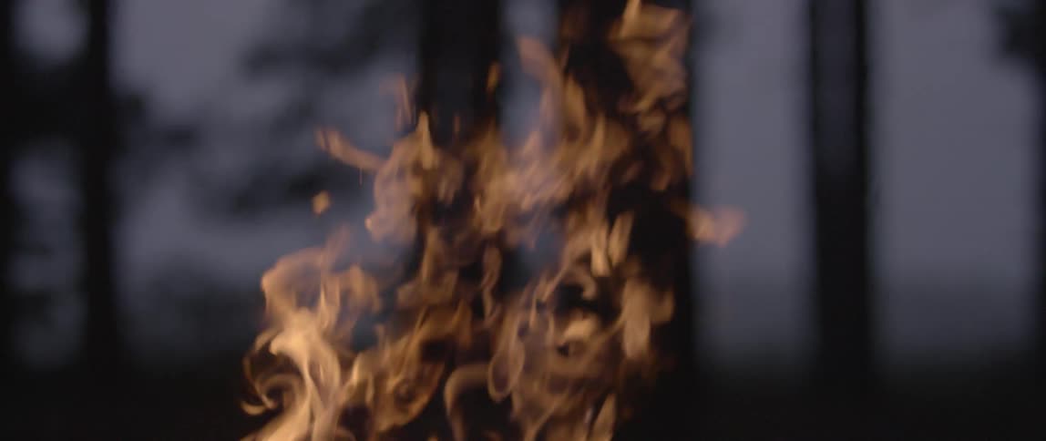 A fire burns outside at night