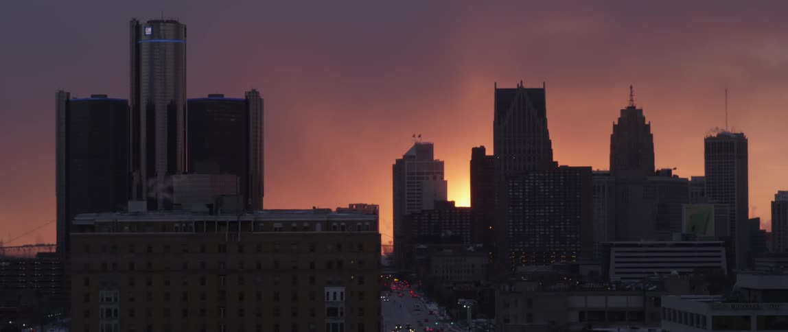 A city skyline at twilight