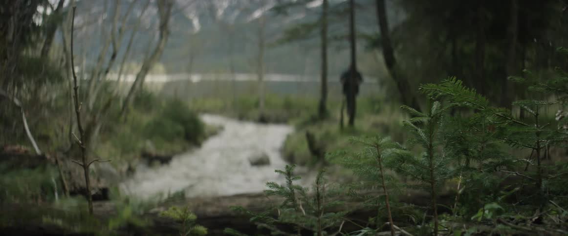 A man walks by a stream