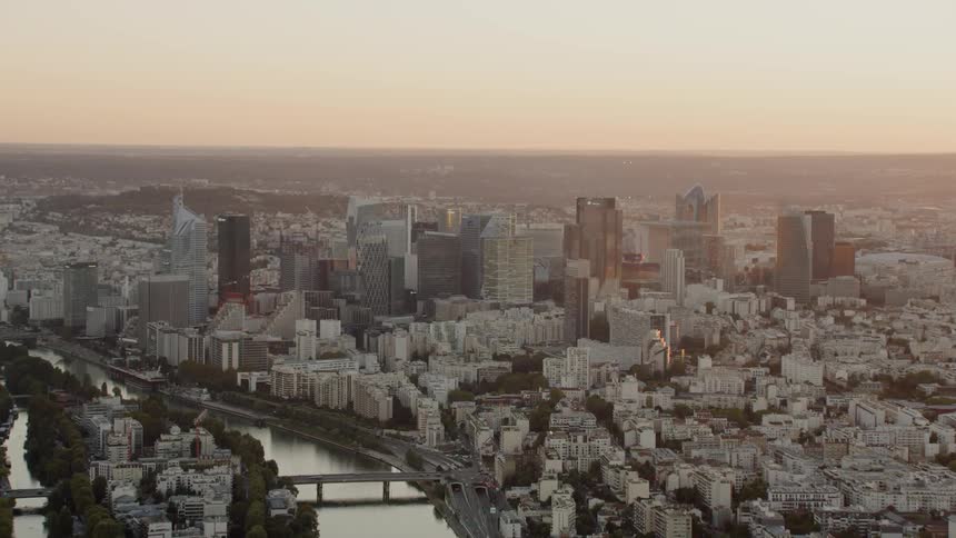 A large city skyline at dusk