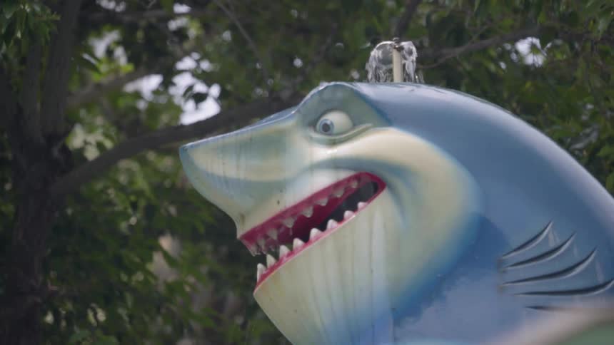 Shark statue with water flowing out of the top spins around