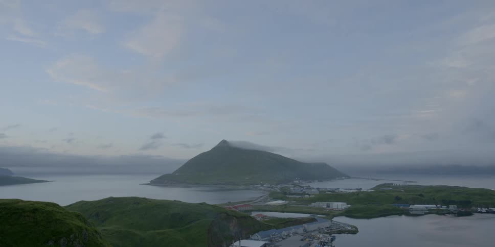 An island town at sunset