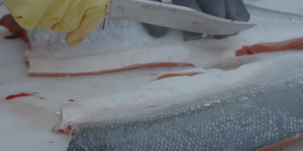 A knife cuts through a fish