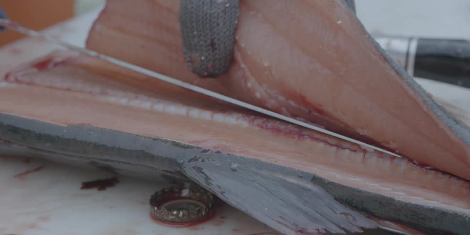 A knife fillets a salmon