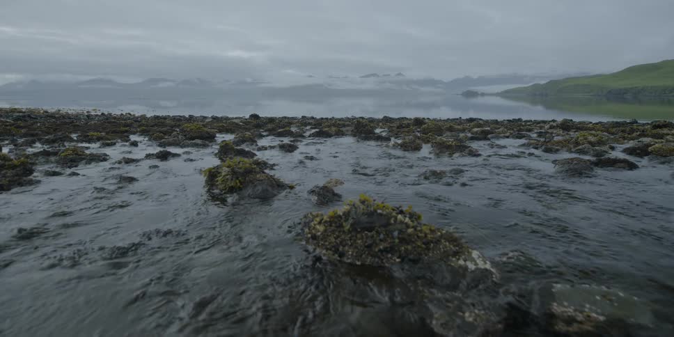 Water flowing over beach rocks
