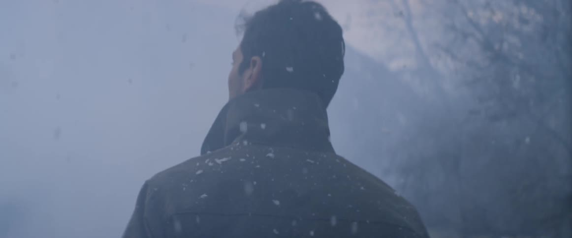 A man walking near trees on a snowy day